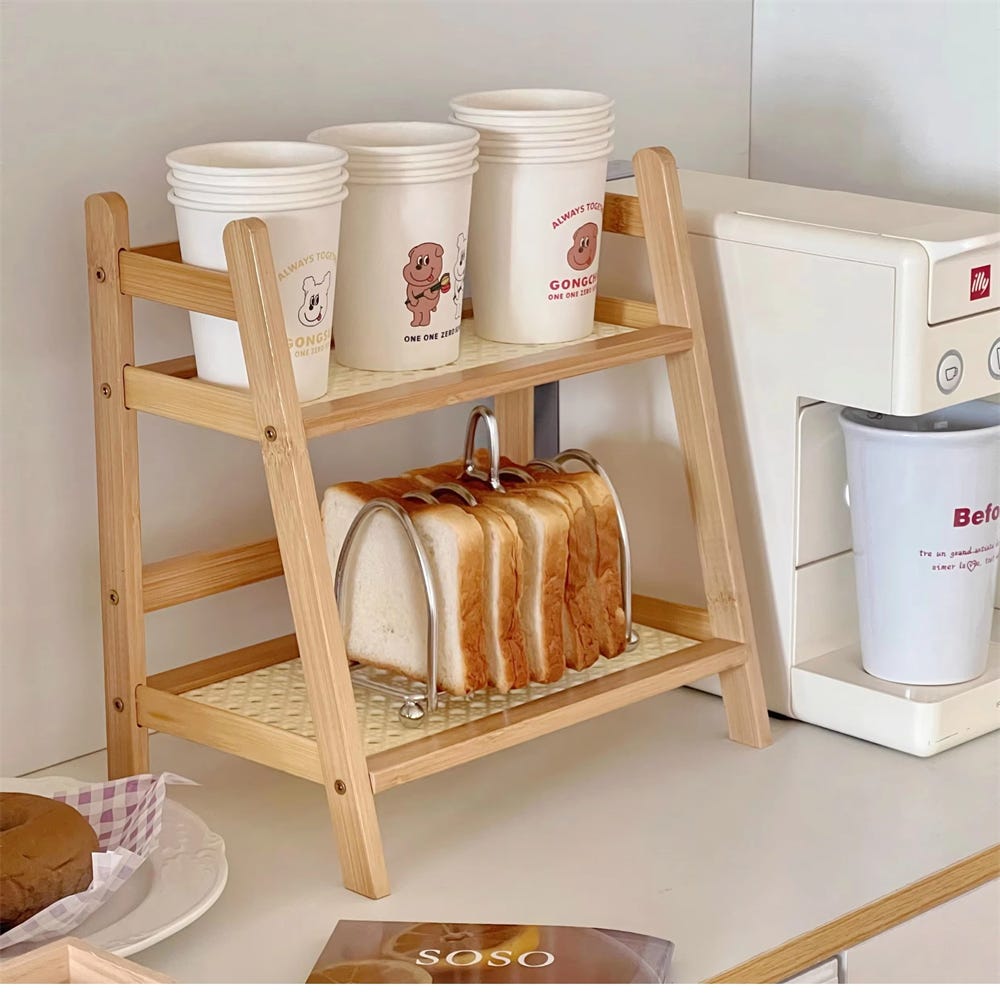 Étagère à échelle en bambou à double couche, mini étagère polyvalente, étagère à tasses de cuisine, étagère à pain, présentoir à fleurs de jardin
