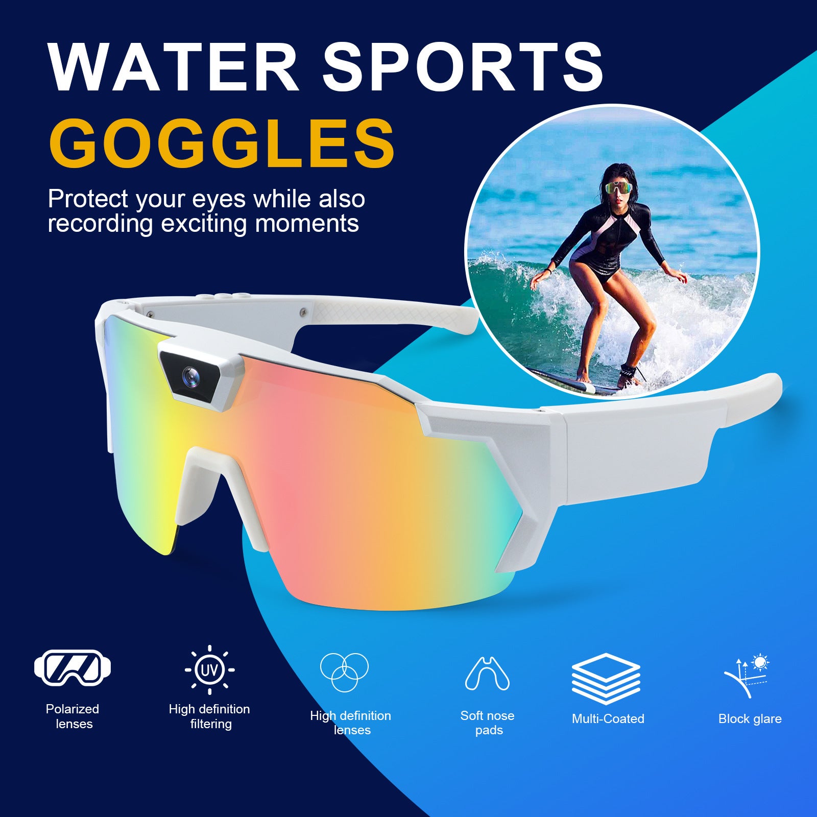 Lunettes de soleil sport avec caméra HD 1080P, cyclisme et surf, anti UV anti éblouissement, 64Go, enregistrement vidéo instantané - 7