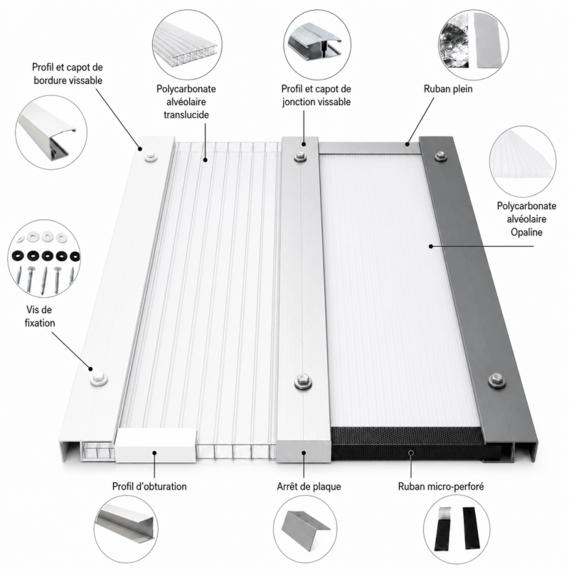 Kit pour profil vissable plaque polycarbonate (50 pcs) - Coloris - Blanc, Epaisseur - 32 mm - 3