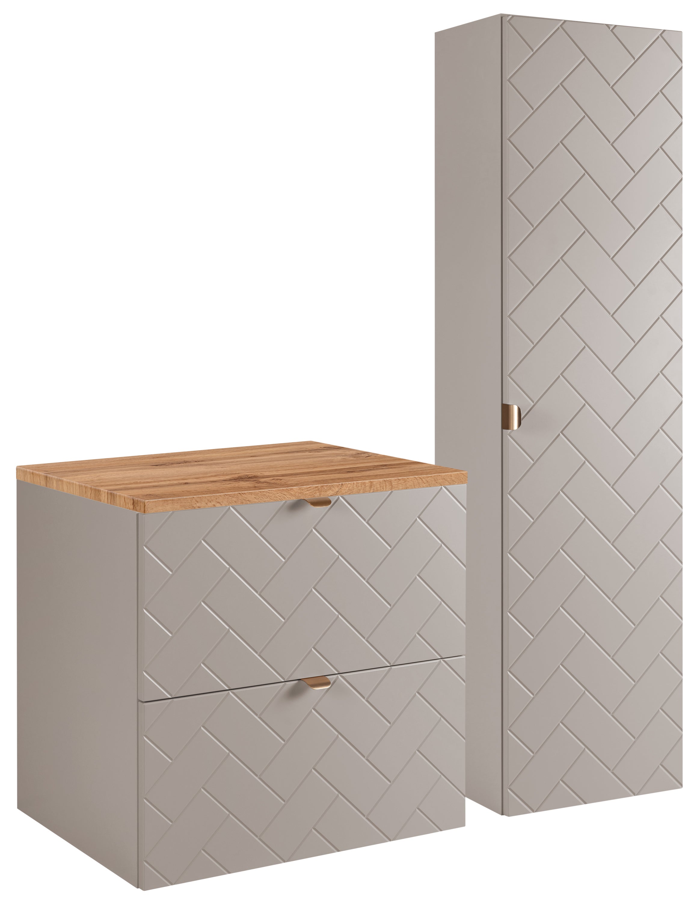 Kaszmirowy zestaw mebli łazienkowych MADIS szafka 60 cm z blatem dąb wotan + słupek ryflowany