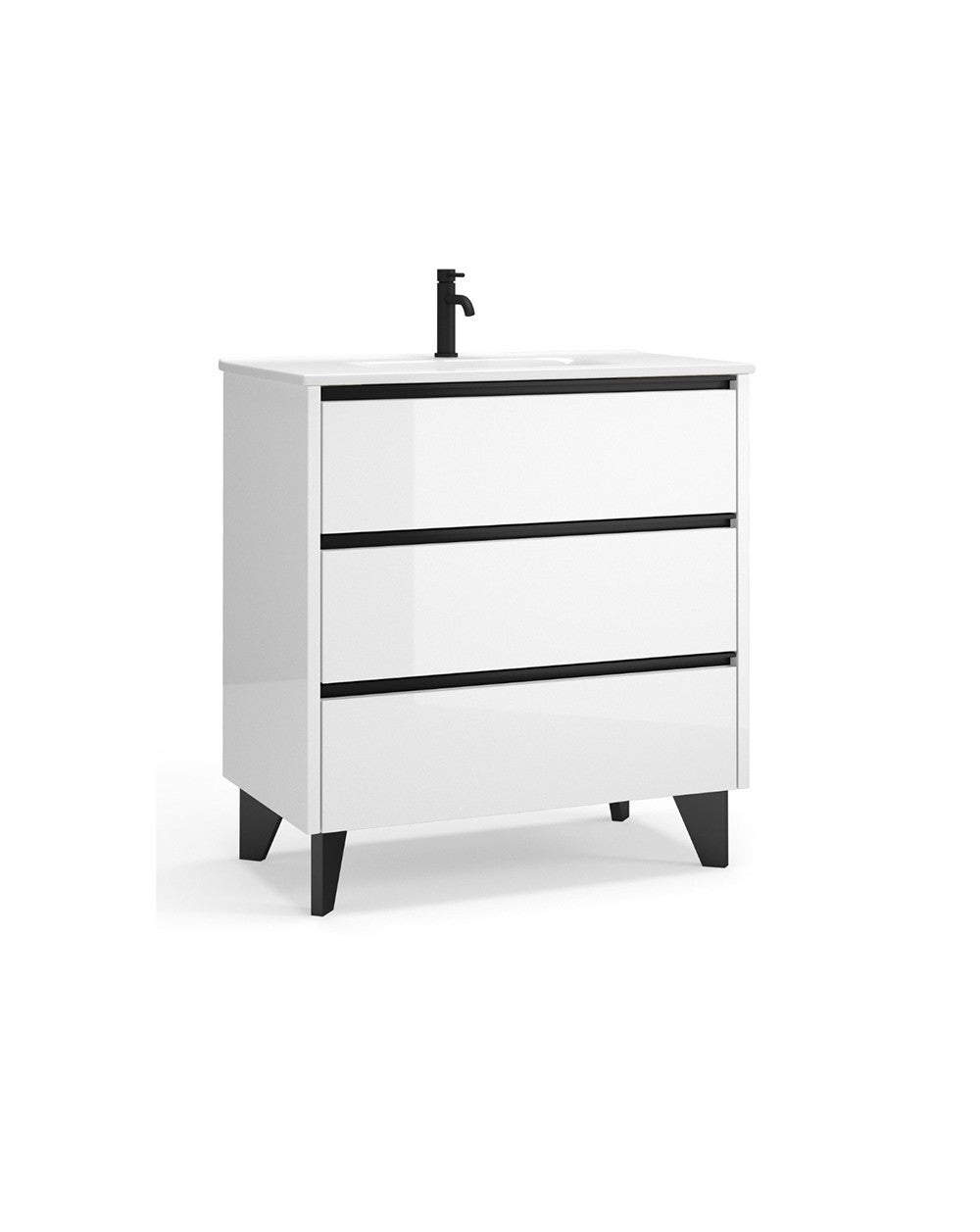 Armadio da bagno montato a pavimento con lavandino in ceramica | 100 cm | 3 cassetti con chiusura e organizzatore imbottiti | Bianco lucido - Nero - 2