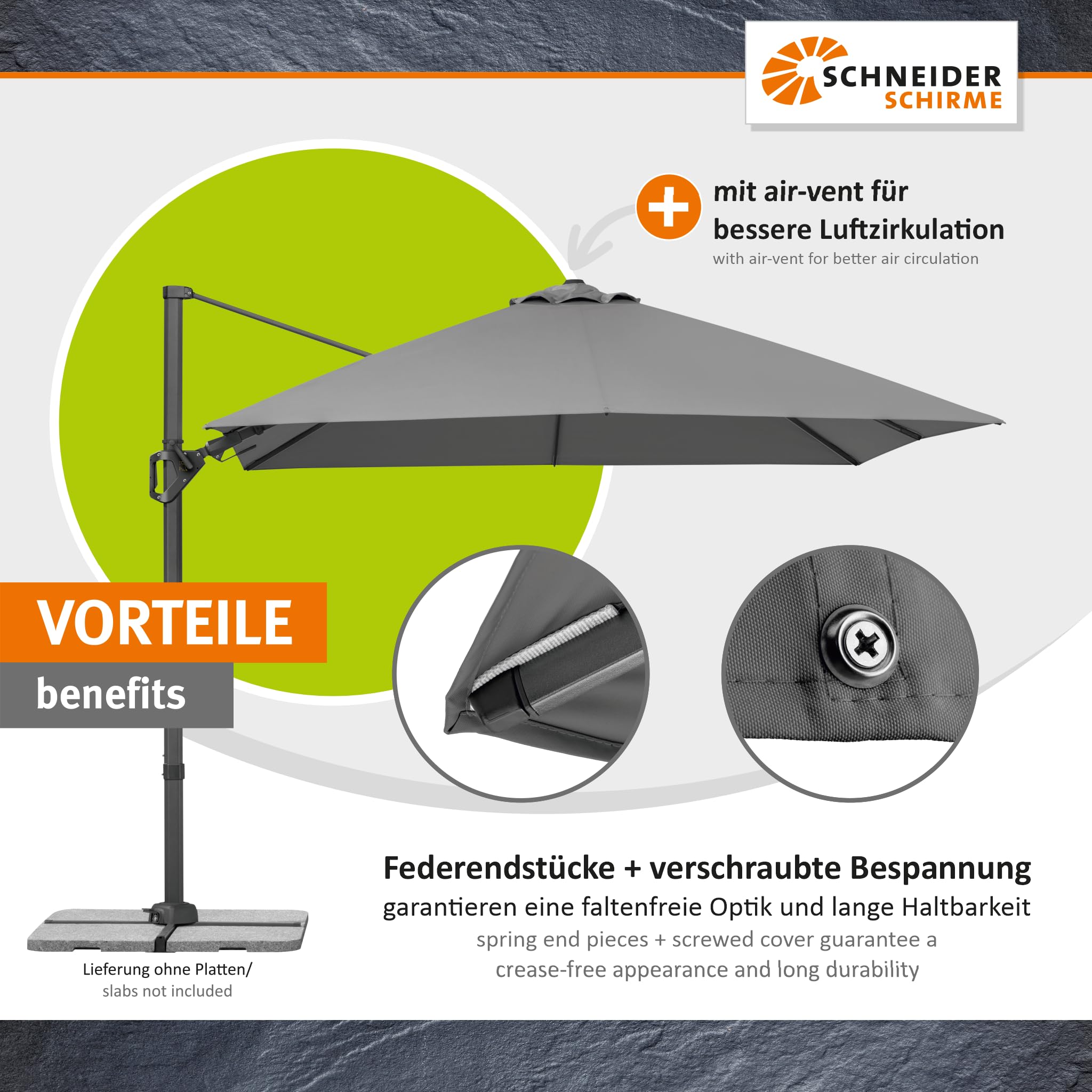 Parasol déporté Schneider Vivasol anthracite, 300 x 300 cm – rotatif 360°, inclinable, avec housse et support pour dalles - 7