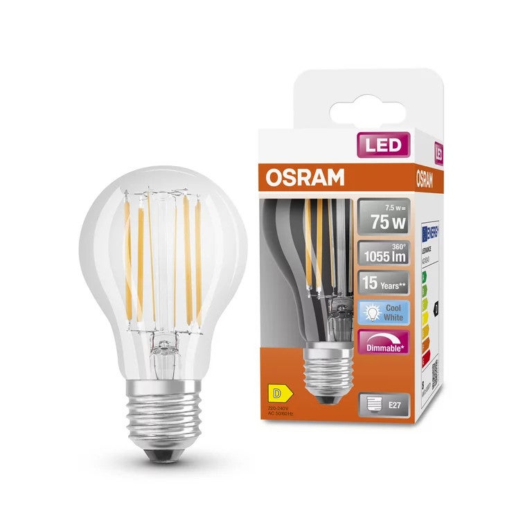 OSRAM Ampoule LED - E27 - Cool White - 4000 K - 9 W - remplacement pour 75-W-Incandescent bulb - clair - LED Retrofit CLASSIC A DIM - 3