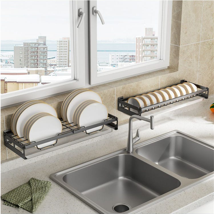 Lot de 2 étagères murales sans perçage, égouttoir à vaisselle en acier noir pour bols et assiettes, capacité 10 bols, 44 x 15 x 6 cm - 7