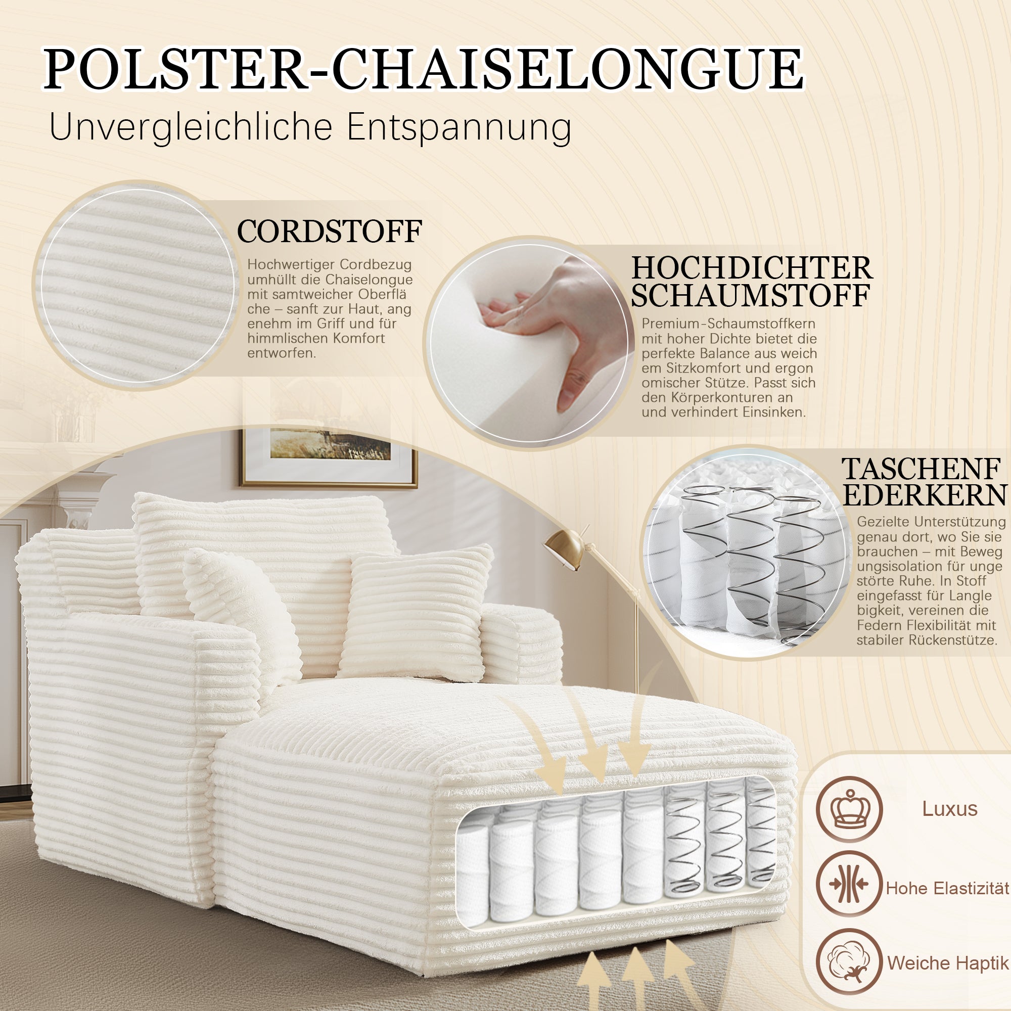 Canapé lit 3 en 1 méridienne et inclinable, velours côtelé confortable - Prêt à l'emploi, idéal petit espace -Blanc - 5