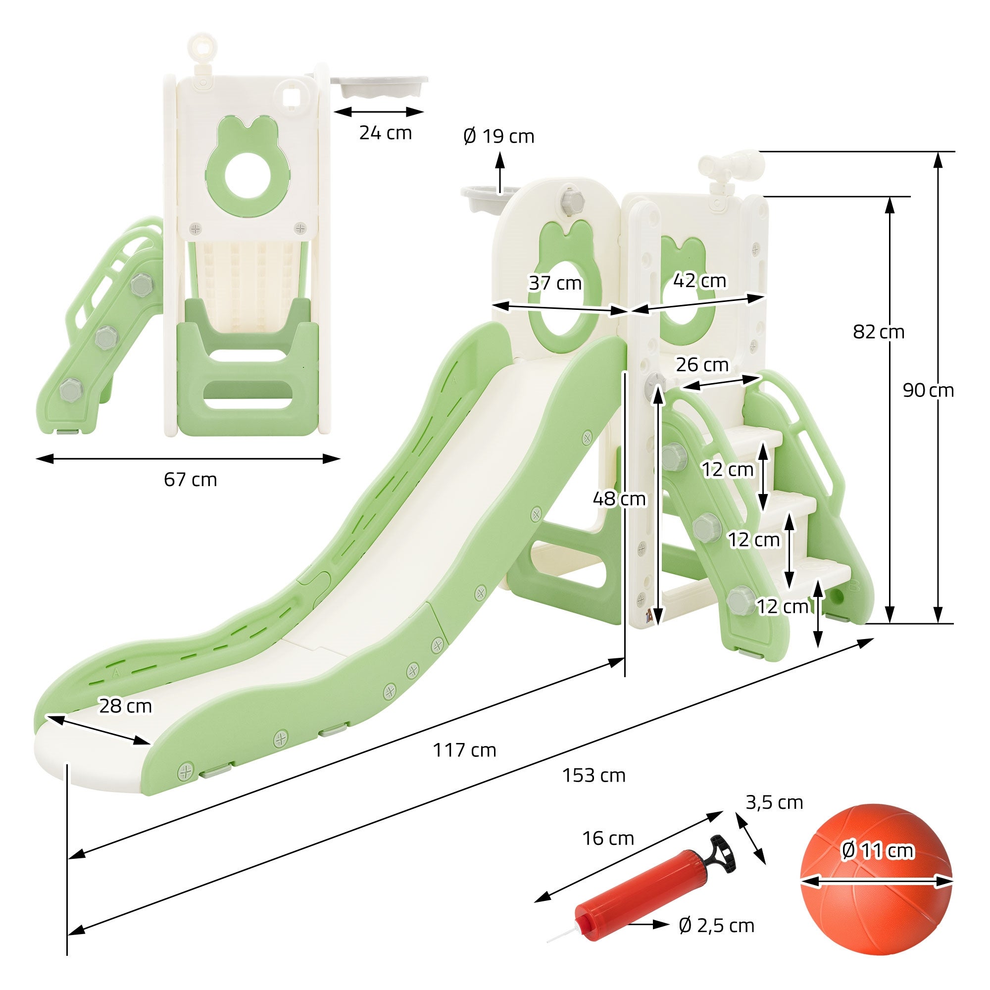 Toboggan 3en1 blanc-vert pour enfants structure de jeu en plastique avec panier de basket et échelle sûre d’activité pour tout-petits dès 3 ans - 5