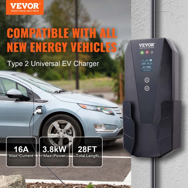 Chargeur EV Portable VEVOR 16A 3,7KW Écran LCD,Type 2 Chargeur Voiture Électrique,avec Câble de Charge 8,6m,Prise CEE 7/7,Home EV IEC62196,IP66
