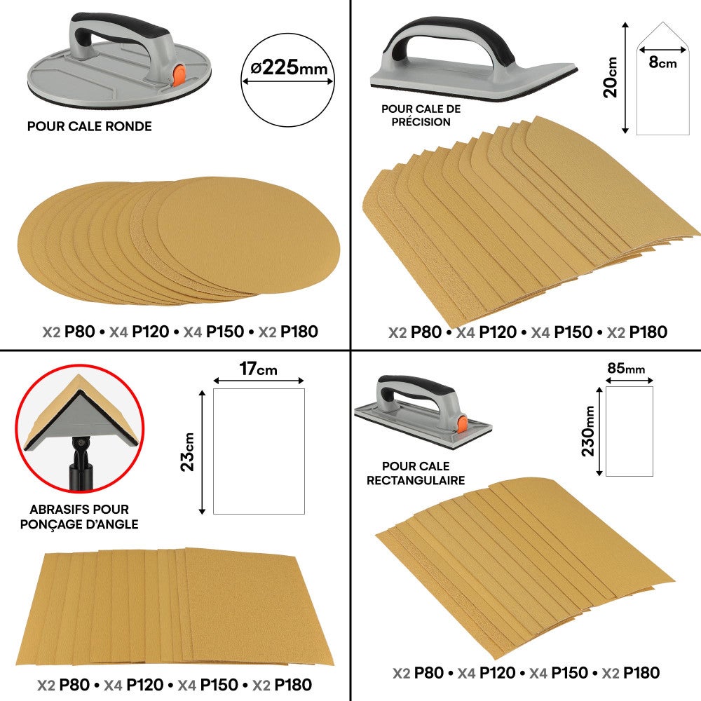 Kit ponçage plaquiste avec perche télescopique 1,2m - Ponceuse angle - circulaire - rectangulaire - détail - Feuilles abrasives - 4