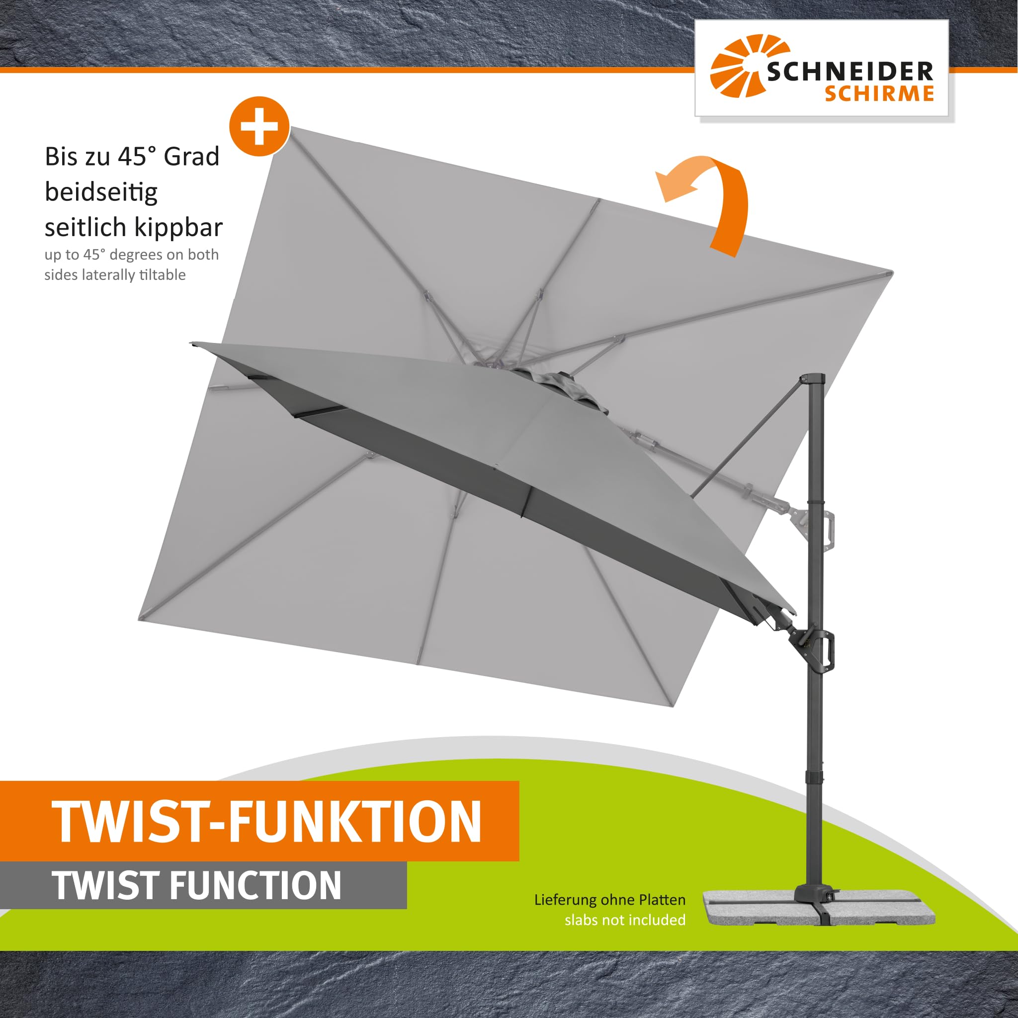 Parasol déporté Schneider Vivasol anthracite, 300 x 300 cm – rotatif 360°, inclinable, avec housse et support pour dalles - 3