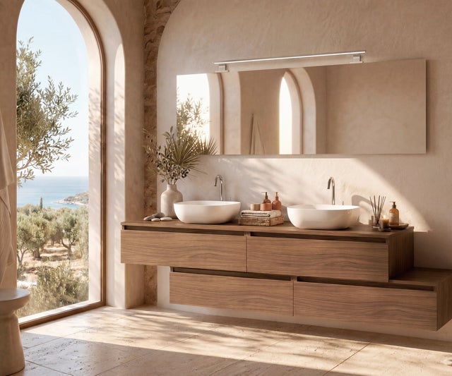 Set di mobili da bagno Avantarea SANCY, Noce Canaletto, 160 cm + Doppio lavabo + Specchio + Faretto LED