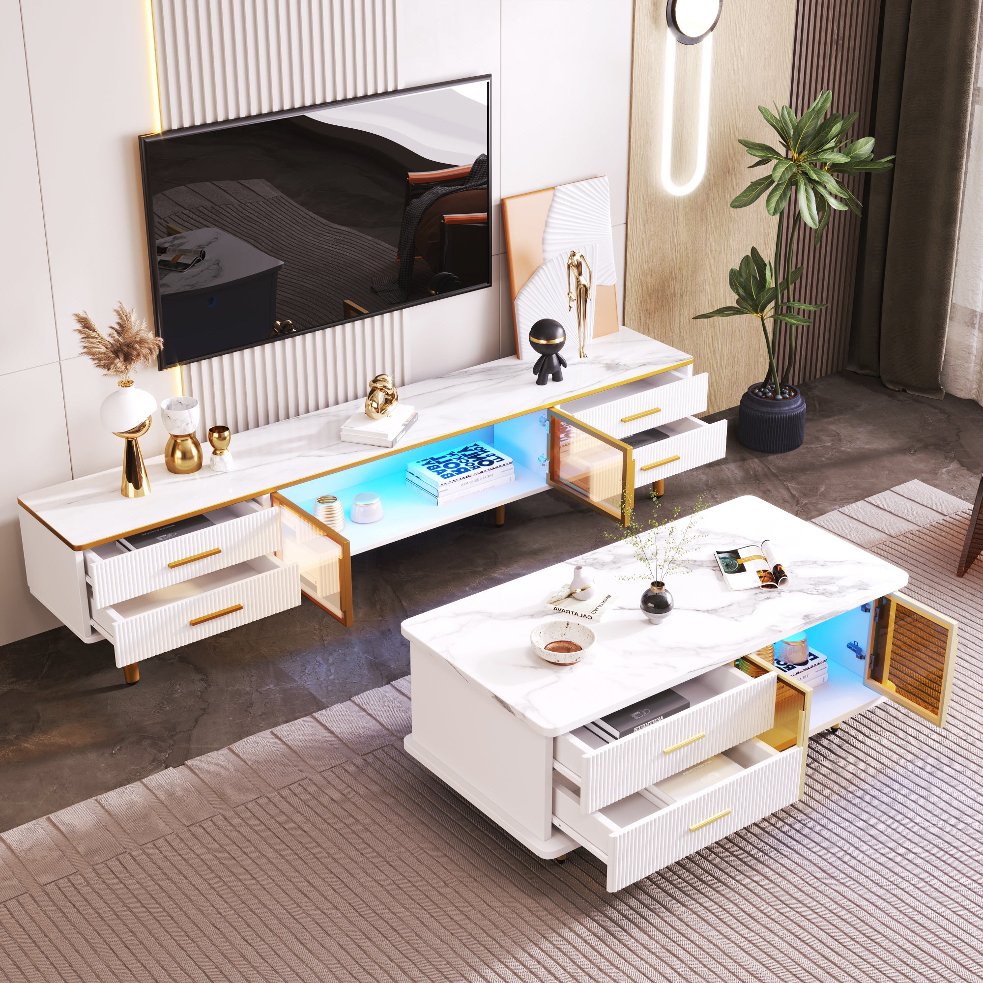 Ensemble meuble télé blanc laqué et gris anthracite à led