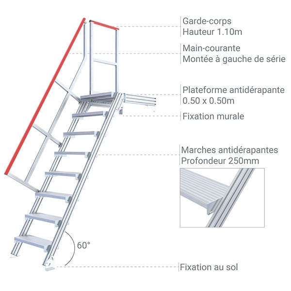 Escalier industriel 14 marches - Hauteur à franchir de 3.50m - Inclinaison 60° - Main-courante à gauche - 22200614 - 4