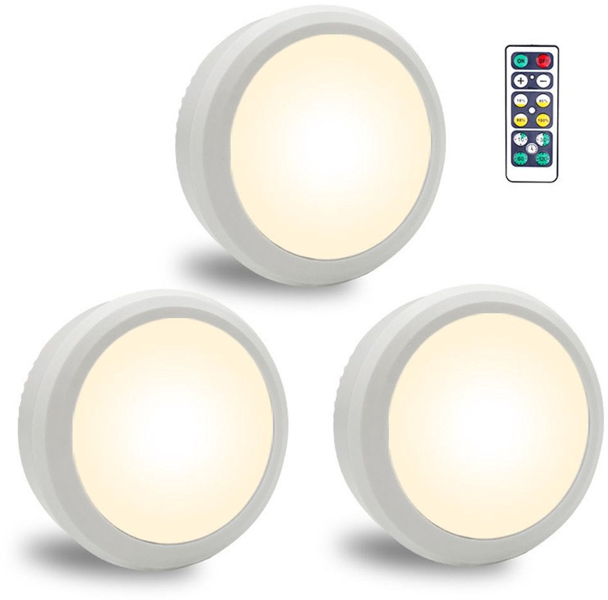 Trei spoturi LED mici, alimentate cu baterii, cu telecomandă, albe, fără fir, potrivite pentru iluminarea vitrinelor și rafturilor