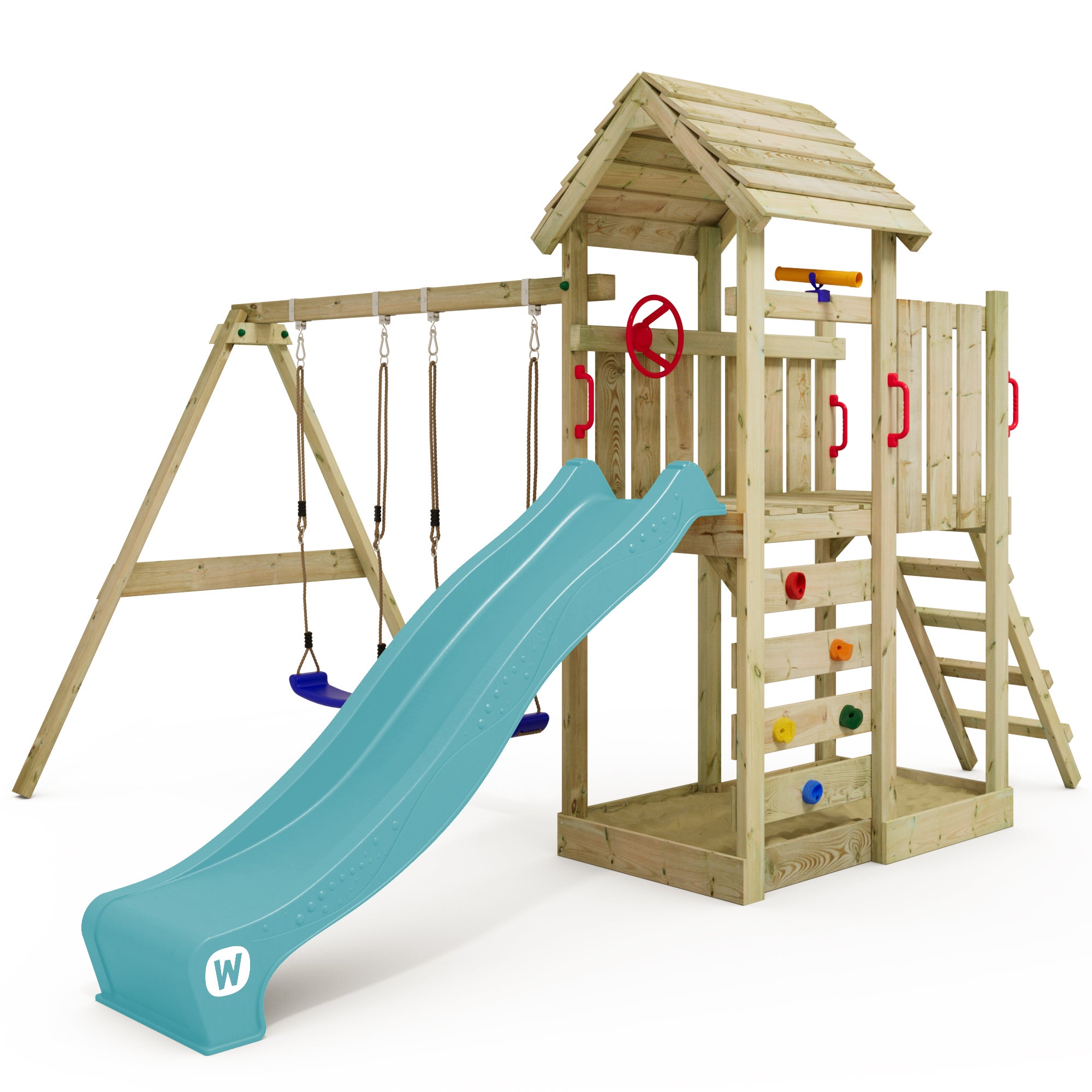 WICKEY Aire de jeux MultiFlyer HD avec toit en bois, balançoire double ...