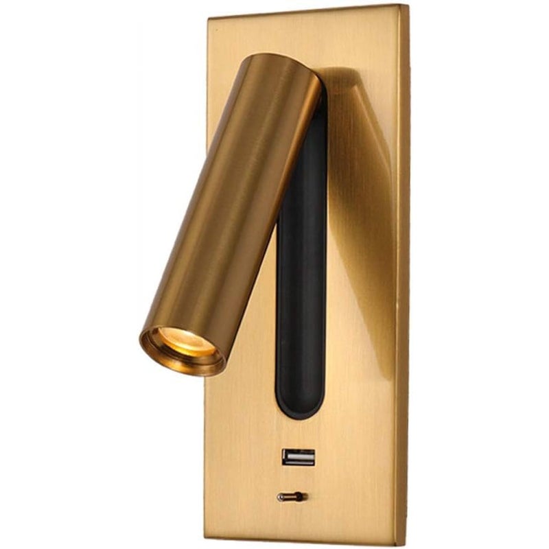 Lampa ścienna LED do czytania ze zintegrowanym interfejsem USB, idealna na stoliki nocne, ciepłe światło 3W (kolor mosiężny)