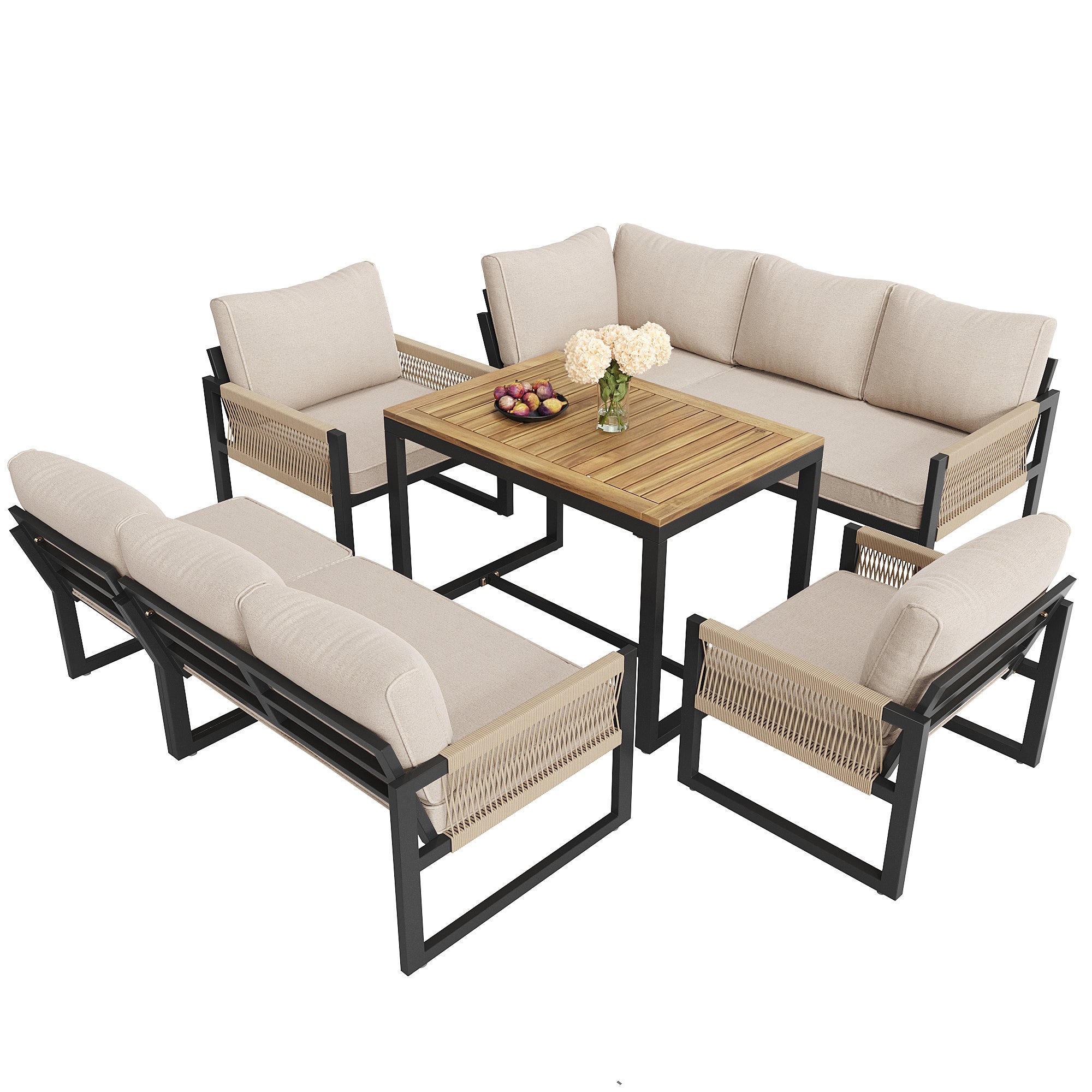 Conjunto Jardin Exterior Sofá Esquinero Para 6-8 Personas De Chapa Galvanizada, 2 Sillones + Mesa Tablero de Acacia, Muebles Terraza Balcón - Beige - 8