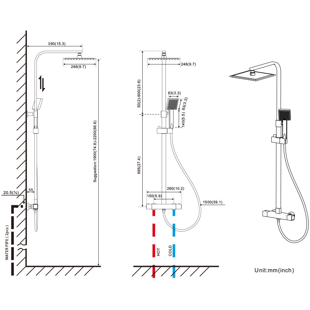 Auralum max Élégant Colonne de Douche Thermostatique Ensemble de Douche Hauteur Réglable Système de Douche en Pluie - EU Modèle - 5