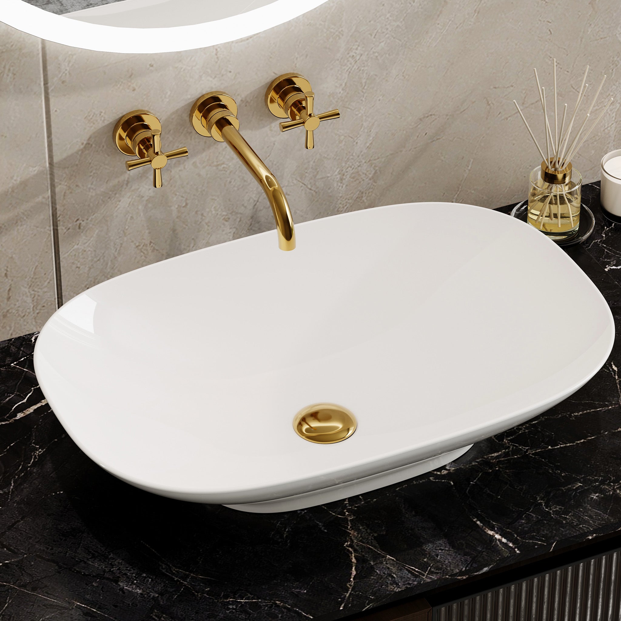 HOROW Umywalka nablatowa, prostokątna, 60 x 40 cm, biała, bez otworu na baterię i przelewu.