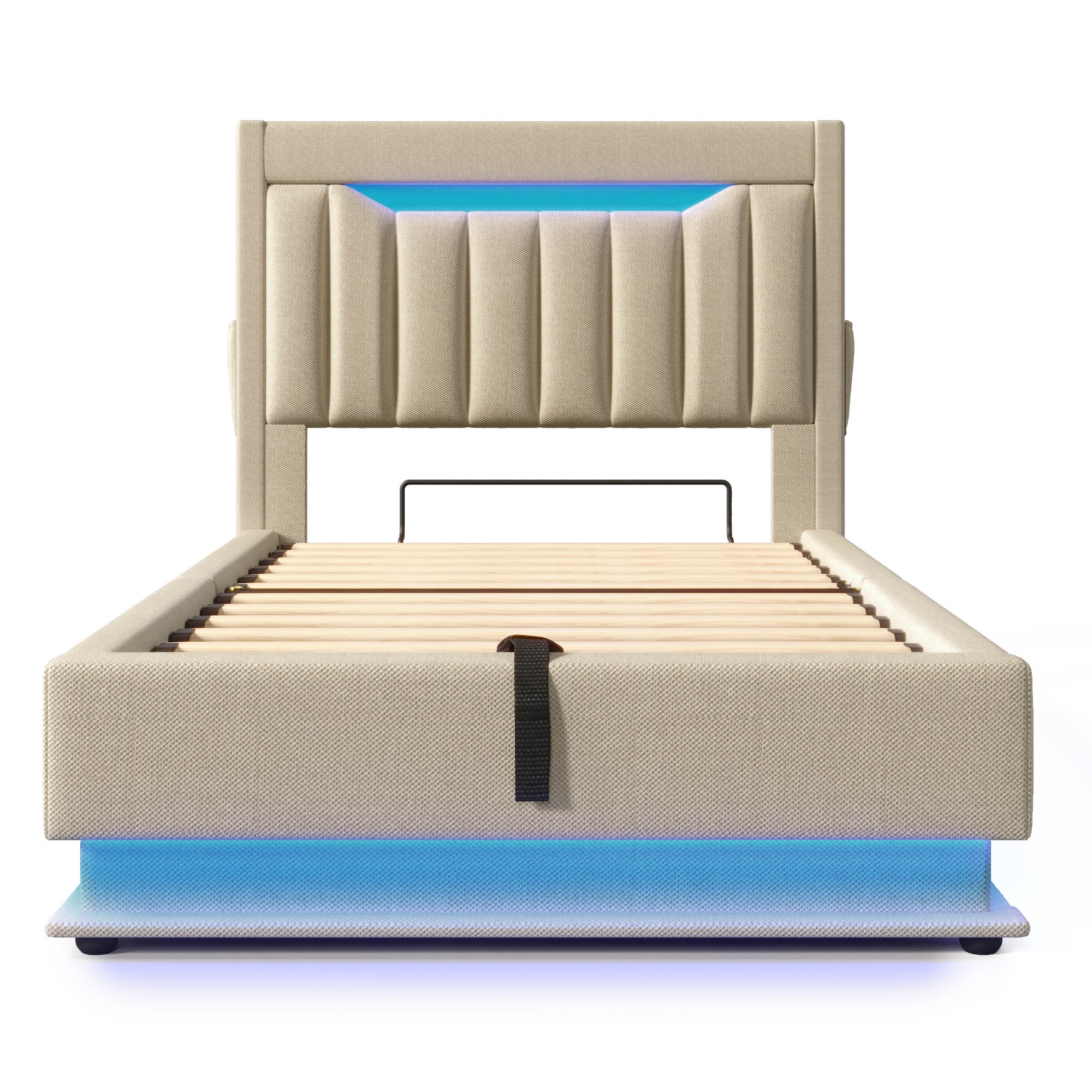 Cama canapé tapizada 90x200cm - con LED - con puertos USB y Tipo C - Tejido de lino - Cabecero con espacio de almacenaje - Beige - 8