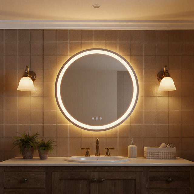 Miroir lumineux rond Diam.80 cm Miroir de salle de bains Miroir simple Miroir lumineux anti-buée Argent