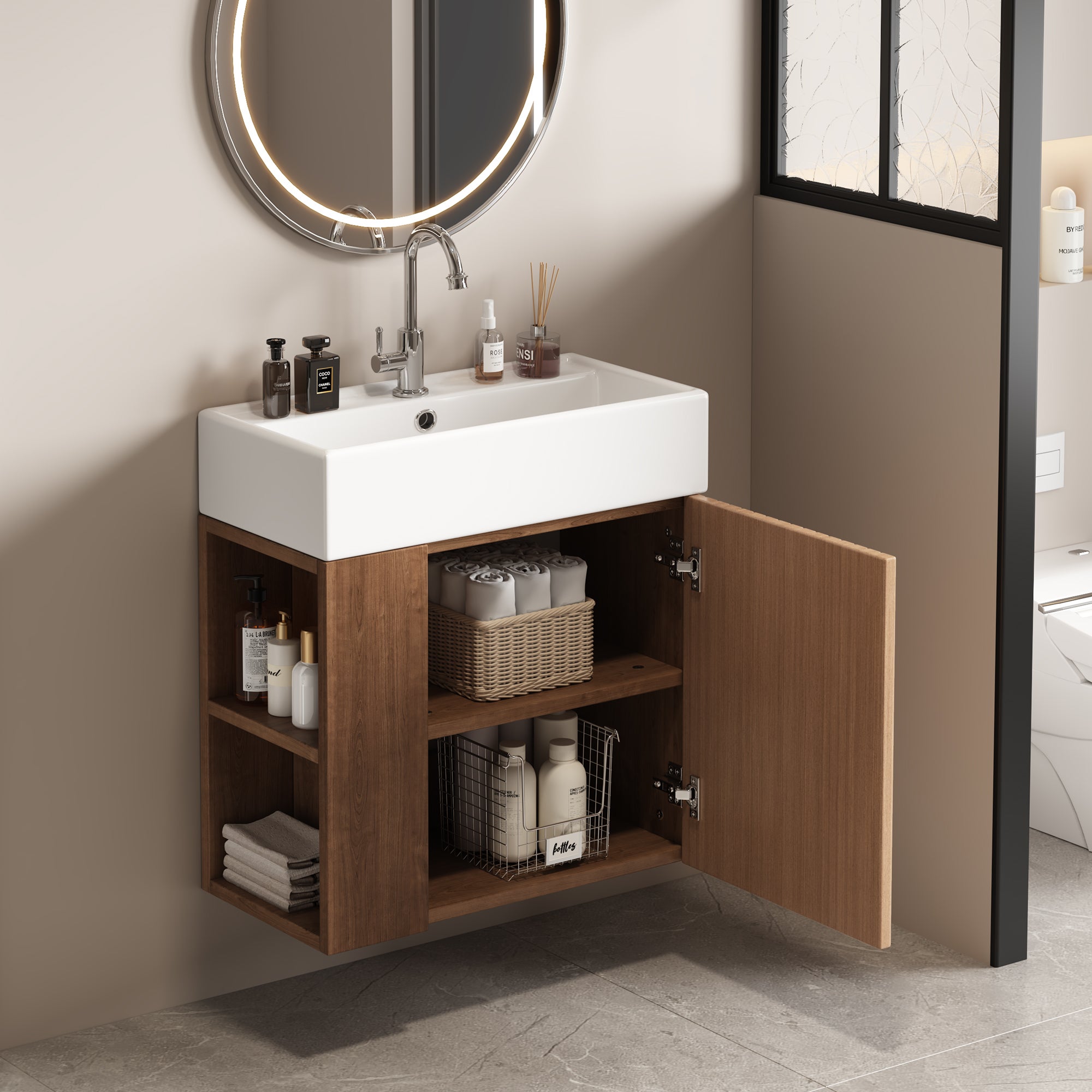 Mobile bagno sospeso con lavabo singolo, base con lavabo in ceramica - 55 x 31 x 66,5 cm - MDF - Marrone - 7