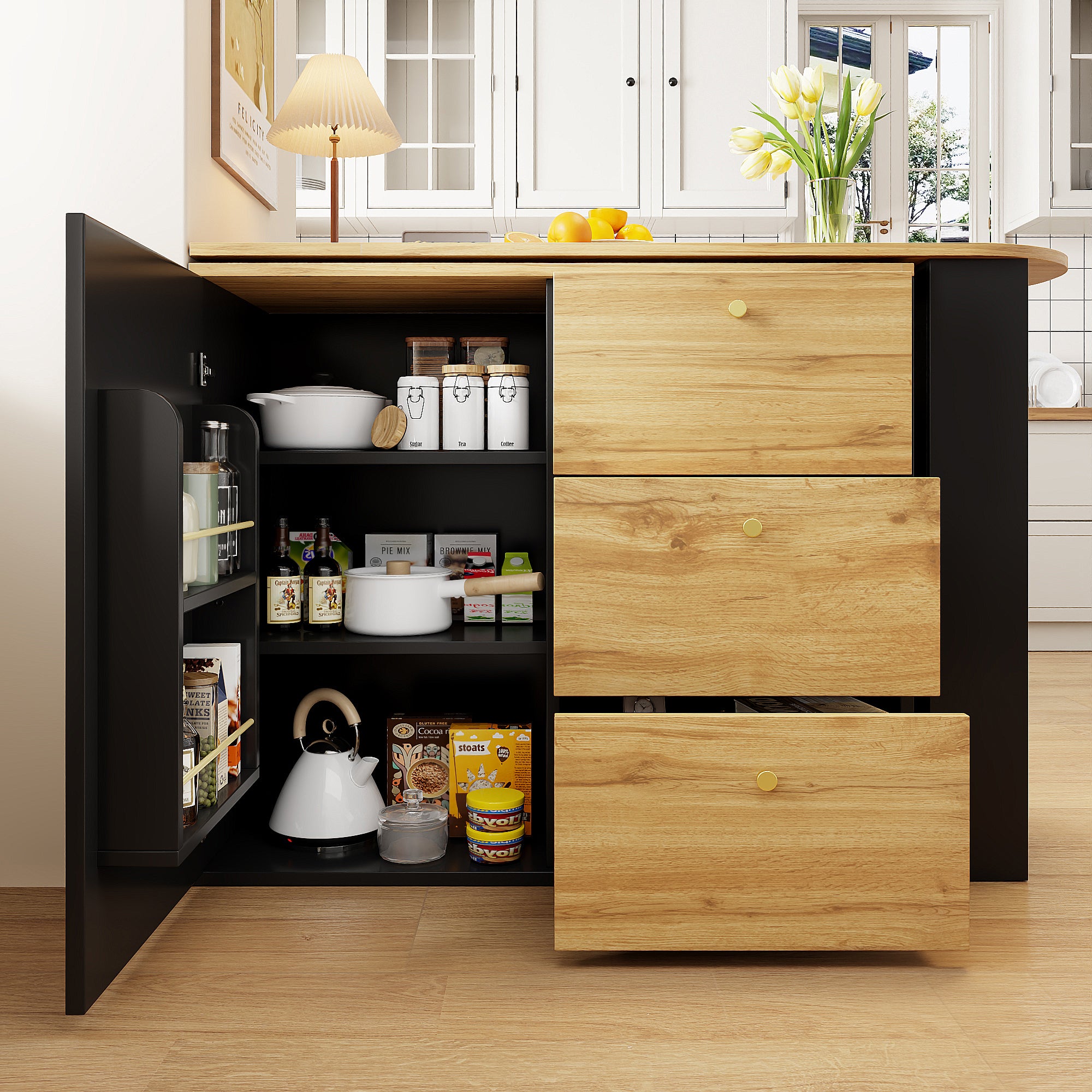 Meuble de bar pivotant 360° et escamotable - avec 3 tiroirs et 1 porte - étagères ouvertes - noir + naturel - 3
