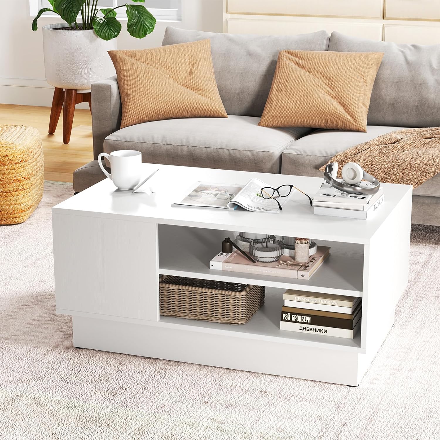 Nowoczesny Stolik Kawowy z Otwartymi Półkami, Prostokątny, do Salonu, Biura, Nośność 60+20 kg, 86 × 56 × 41 cm (Biały)