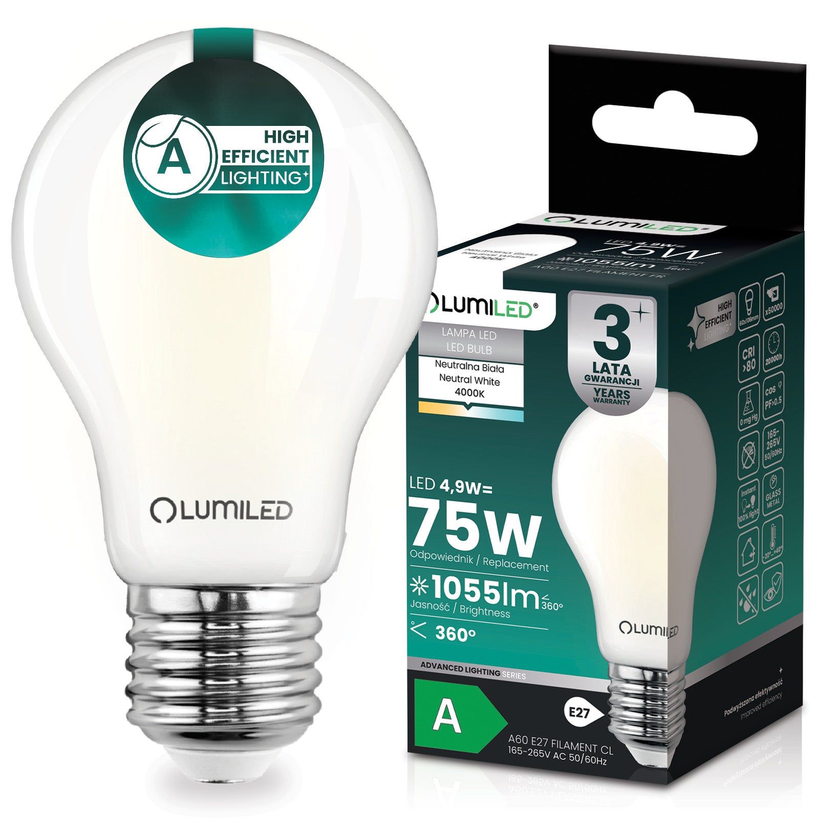Żarówka LED Lumiled E27 A60 4.9W 1055lm 4000K Neutralna biel 360st Filament KLASA A 1 szt.