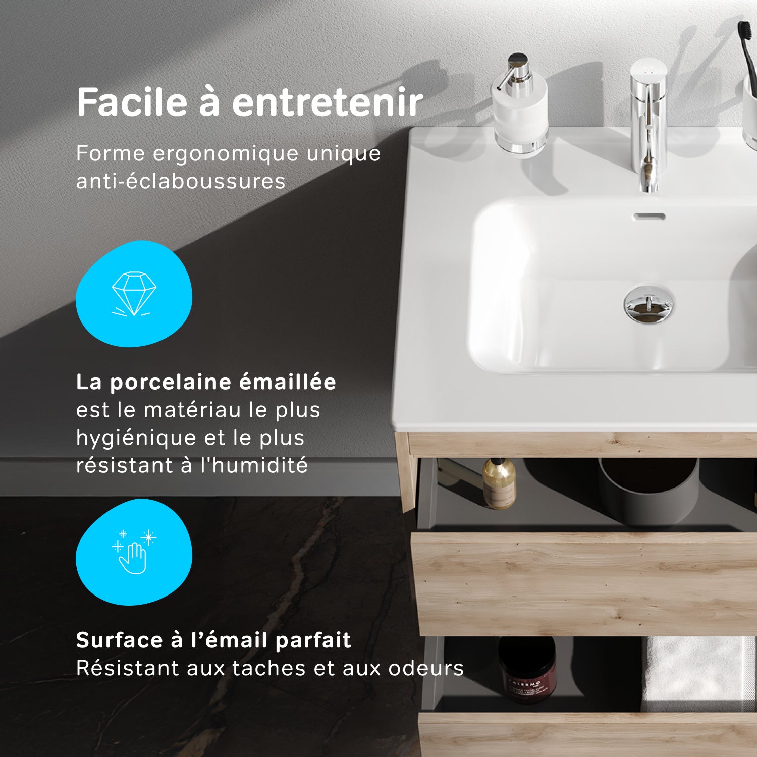Meuble salle de bains suspendu 60 cm effet bois clair avec lavabo intégré, 2 tiroirs, design, chêne clair texturé – AM.PM - 4