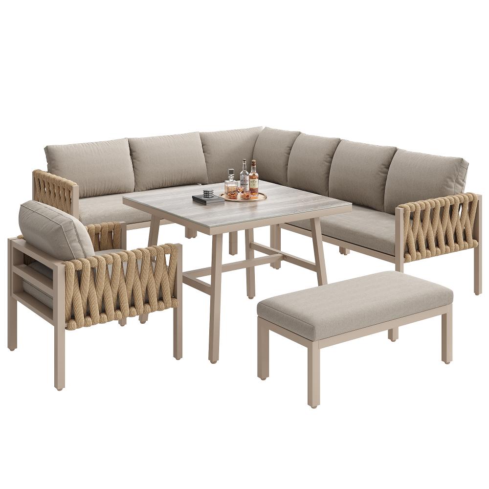 Ensemble de meubles de jardin modulable avec canapé d'angle, fauteuils, table en verre trempé et coussins inclus pour extérieur - 5