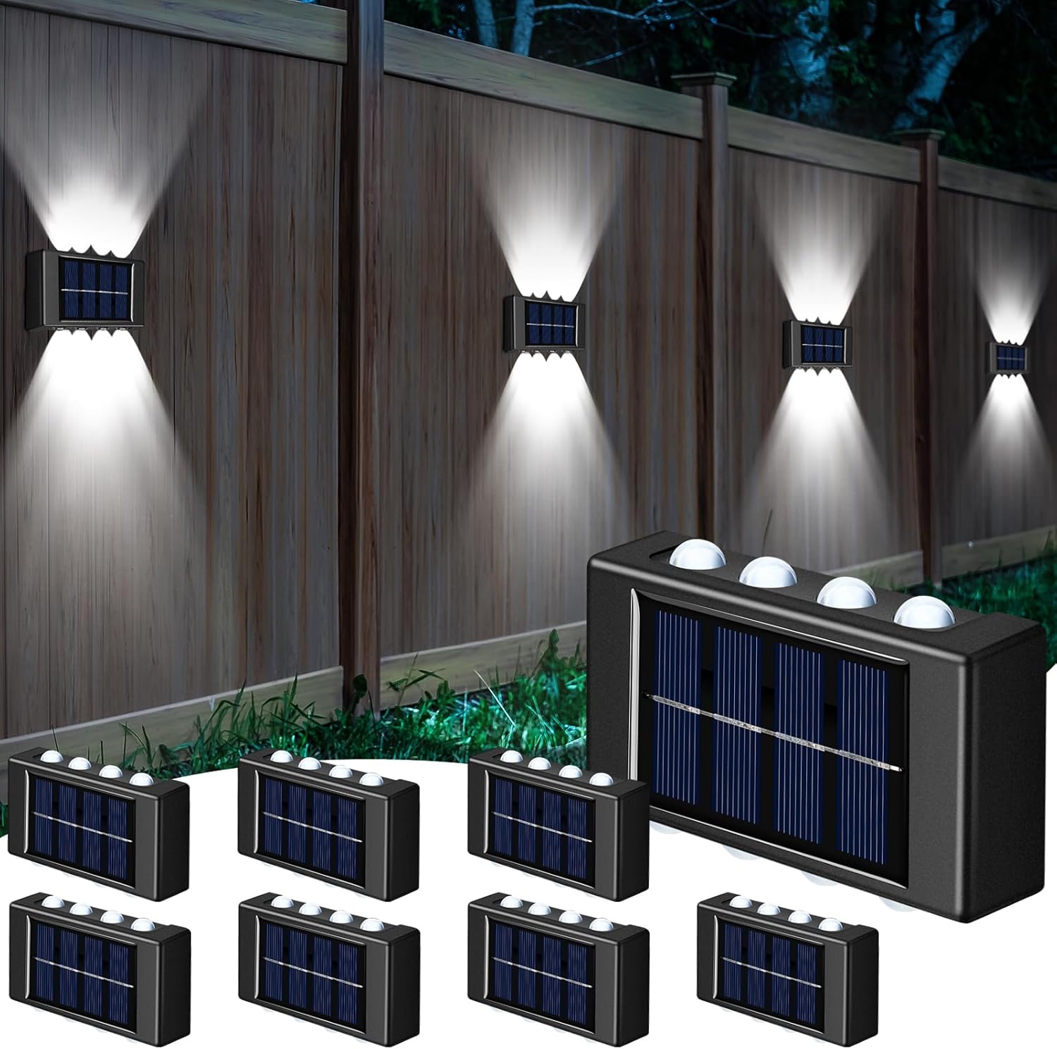 Zestaw 8 zewnętrznych lamp solarnych ściennych, 6000K, chłodna biel, do oświetlenia ogrodzenia solarnego, LED, wodoodpornych, z automatyczną akty