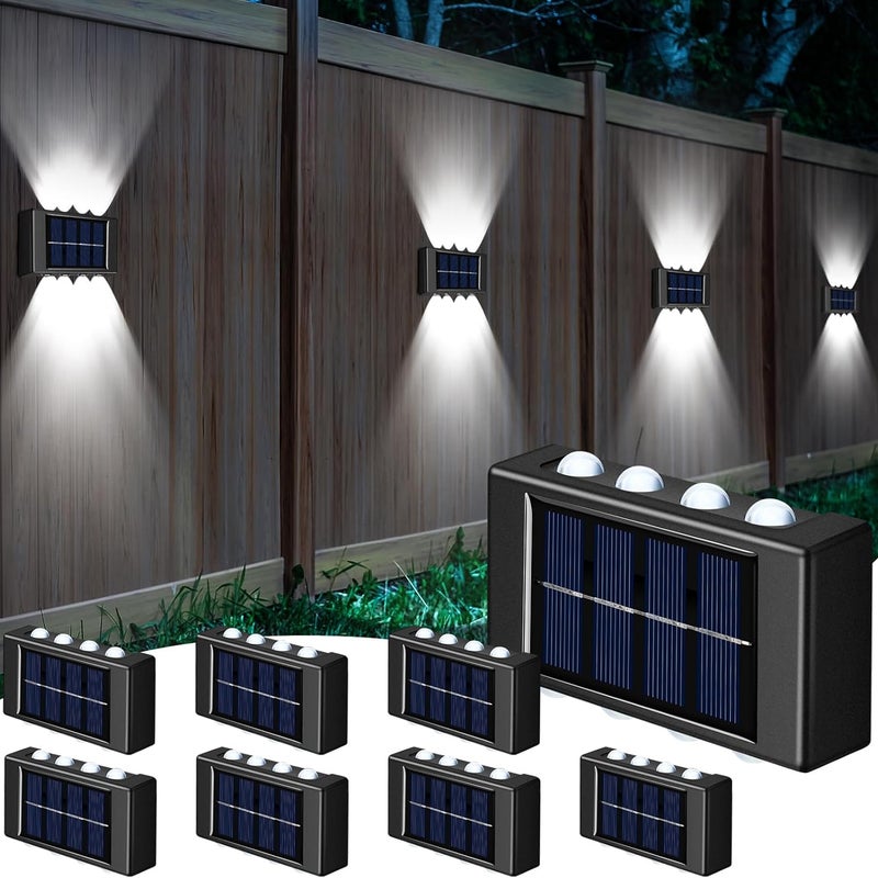 Zestaw 8 zewnętrznych lamp solarnych ściennych, 6000K, chłodna biel, do oświetlenia ogrodzenia solarnego, LED, wodoodpornych, z automatyczną akty