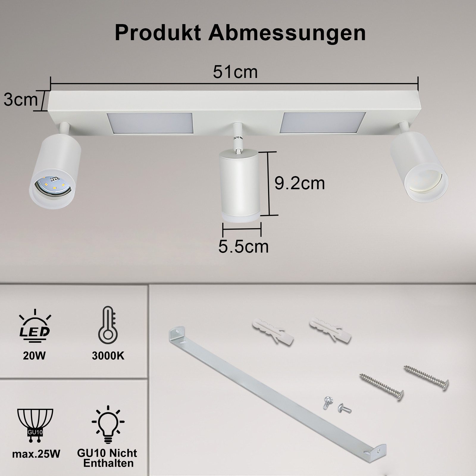 NETTLIFE Spot de plafond 3 ampoules GU10 chambre 3000k 20W blanc chaud orientable - 5