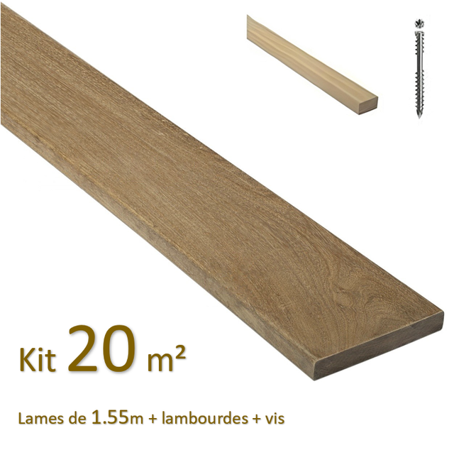 Kit terrasse de 20m² en bois exotique itauba Longueur 1550mm avec Lambourde et vis