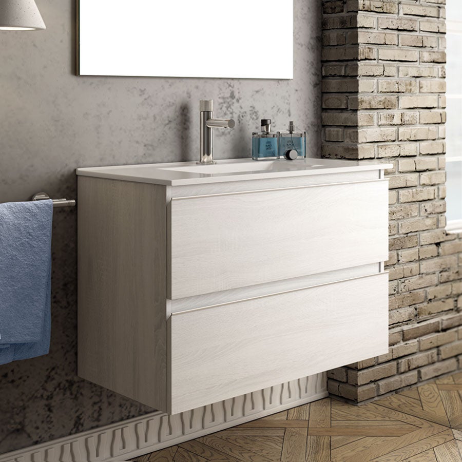 Meuble de salle de bain simple vasque - 2 tiroirs - BALEA et miroir Led VELDI - hibernian (bois blanchi) - 100cm - 2