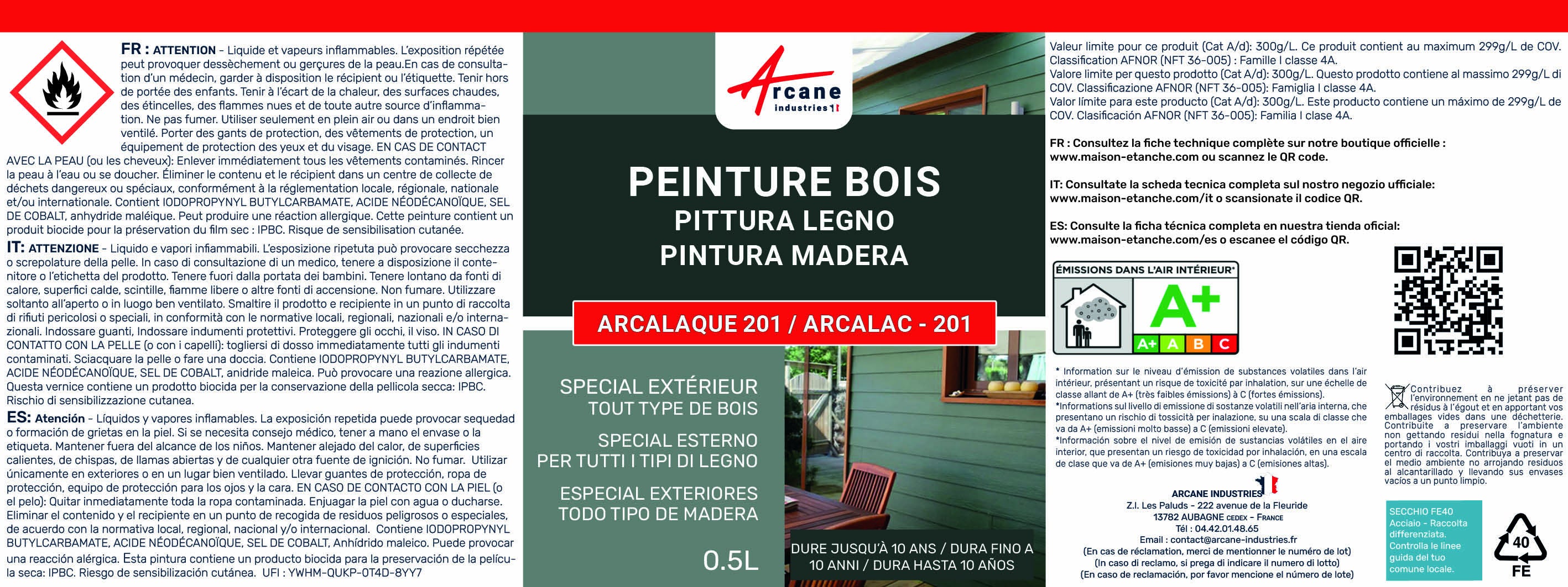 Peinture Bois Extérieur : Portails, bardage, abri, mobilier de jardin : ARCALAQUE 201 Blanc - RAL 9003 - 0.5 L - ARCANE INDUSTRIES - 10