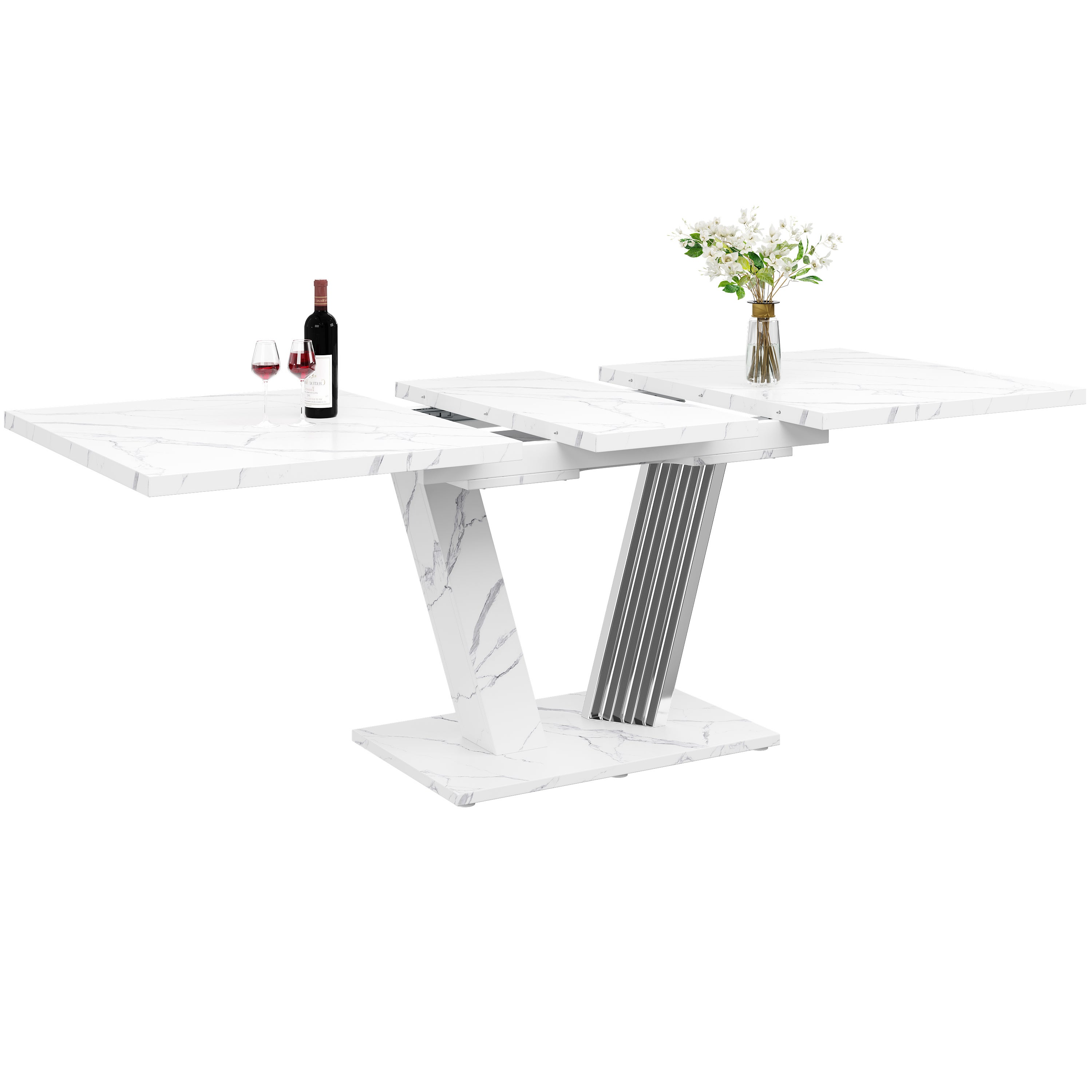Rozkładany stół jadalny dla 4-6 osób - 120/160 x 80 x 76 cm - Płyta MDF z nogami w kształcie skrzydeł - Blat imitujący marmur - Biały - 9