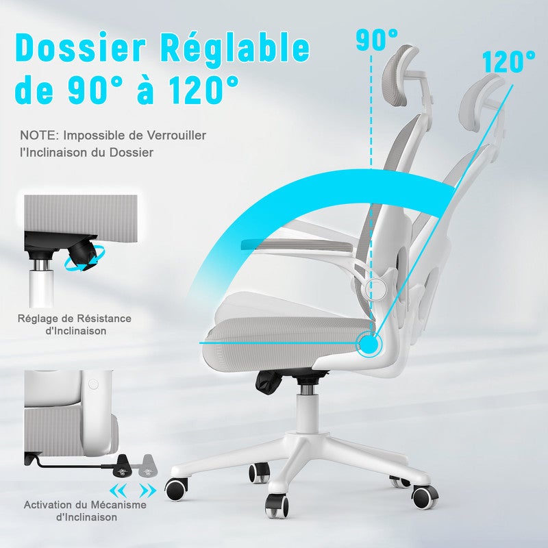 Sedia da ufficio ergonomica - Poltrona RATTANTREE - con braccioli pieghevoli a 90° - Supporto lombare - Regolabile in altezza Grigio | Leroy Merlin