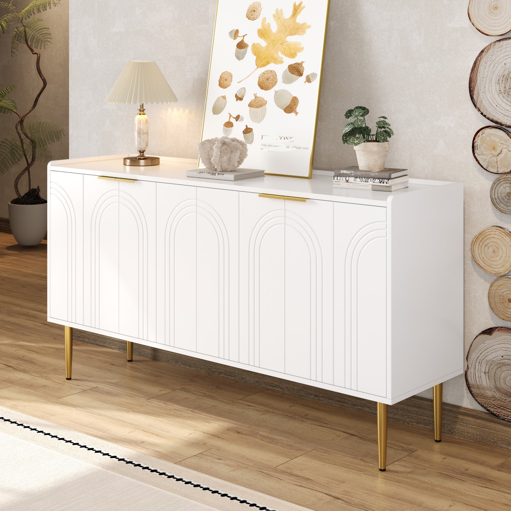 Nowoczesna komoda z 4 drzwiami - 140 x 38 x 75 cm - Płyta MDF, metalowe uchwyty i nogi w kolorze złotym - Biała