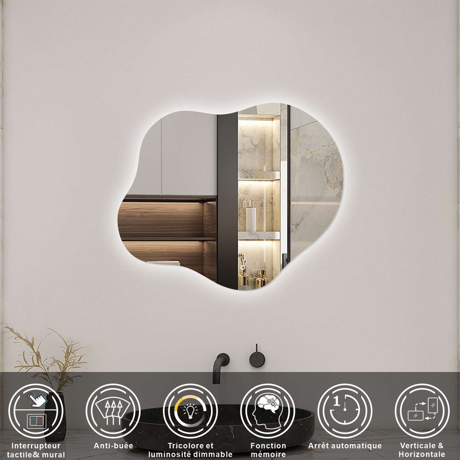 AICA Miroir LED 120x70cm avec bluetooth, loupe + tricolore AICA Miroir LED 120x70cm avec bluetooth, loupe + tricolore
