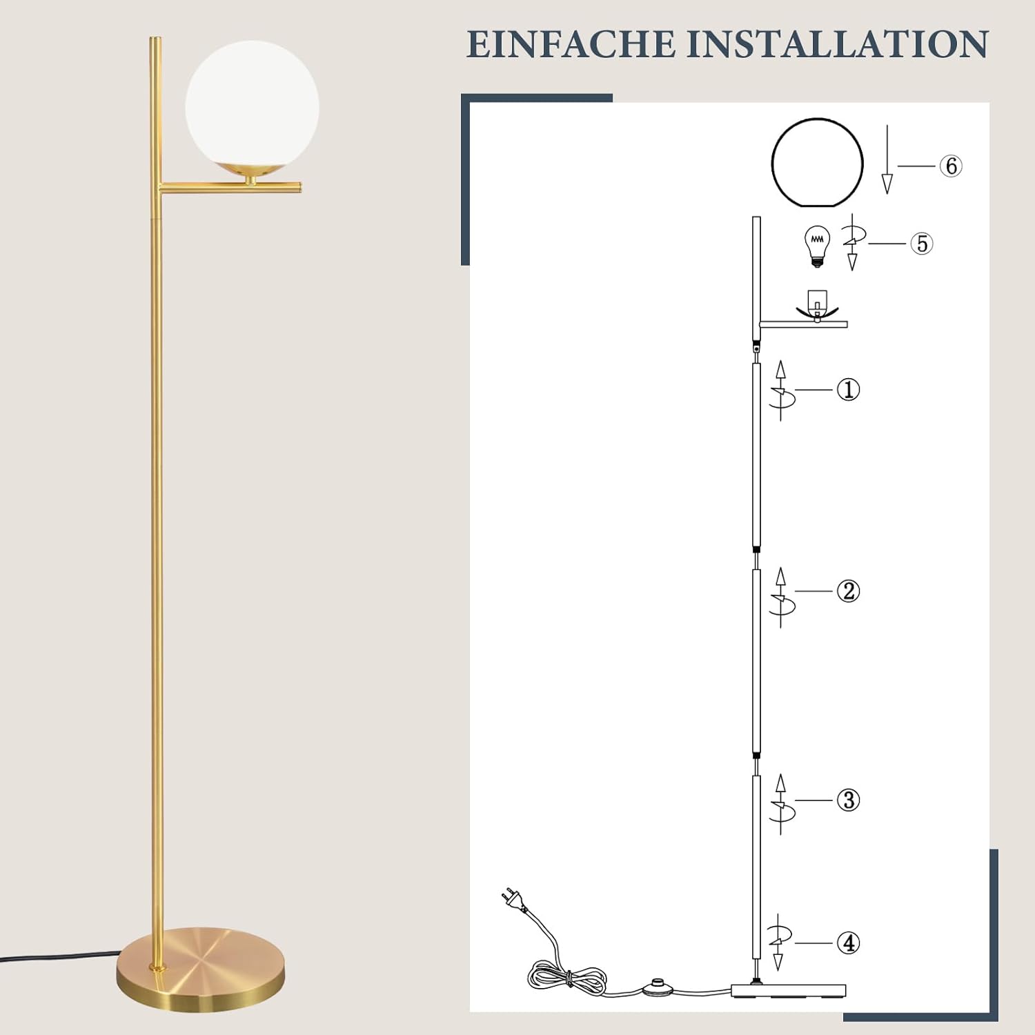 ZMH Lampadaire Vintage Doré 166cm Métal & Verre Blanc E27 Interrupteur au Pied Câble 2m Pour Salon Bureau - 9