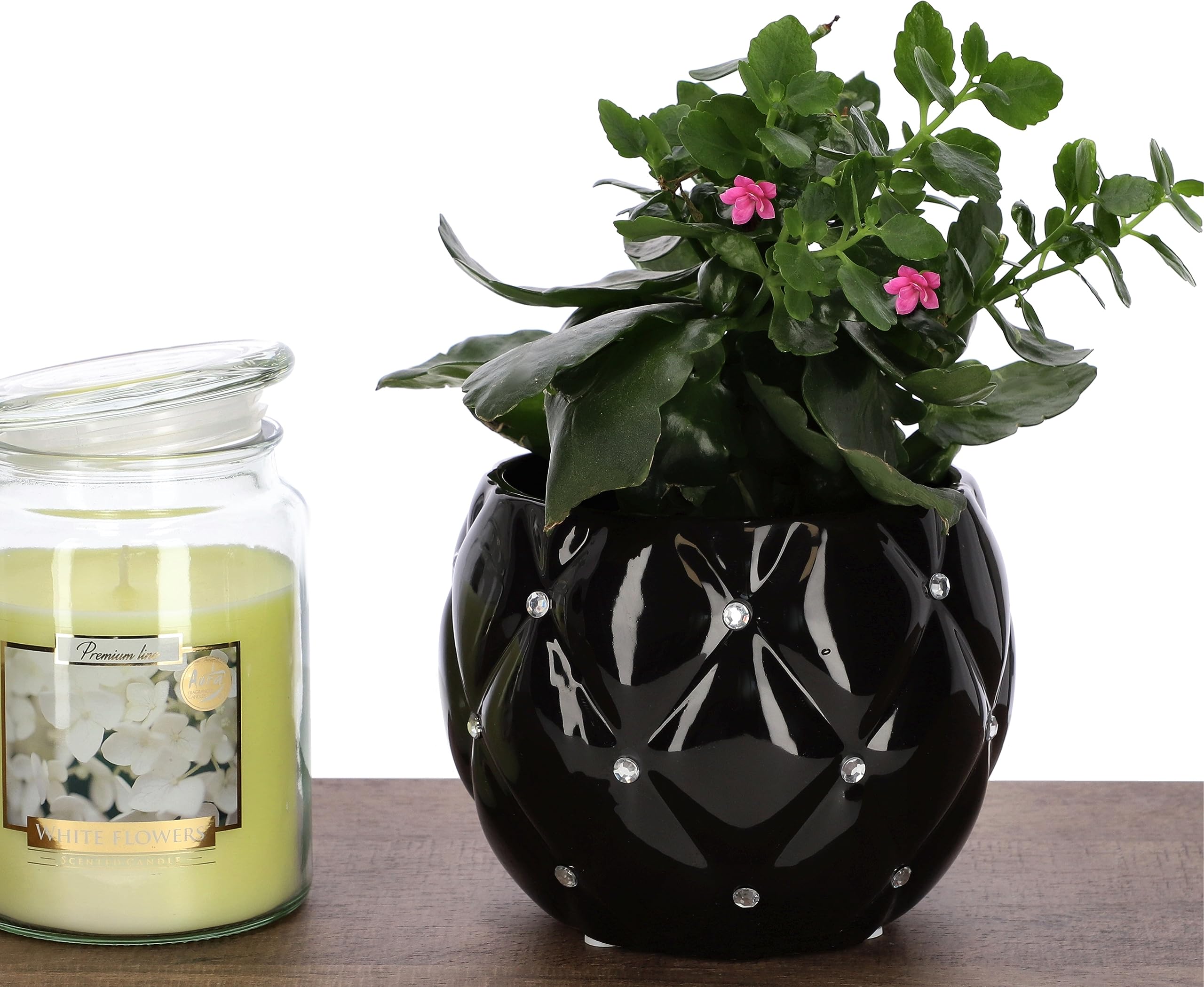 Zestaw 2x doniczka donica ceramiczna okrągła osłonka glamour czarna ⌀ 15 cm - KOTARBAU - 5
