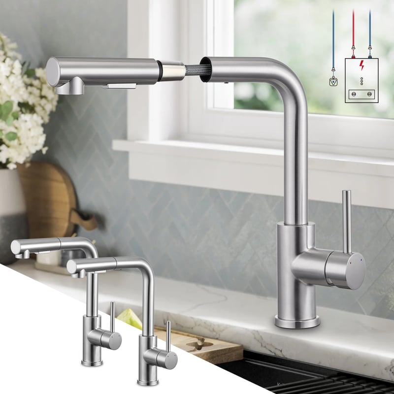 LOVHAUS Bateria Kuchenna Niskociśnieniowa, Bateria Kuchenna Wyciągana z 3 Przyłączami, Dwa Rodzaje Strumienia Wody, 2 Sztuki w Zestawie