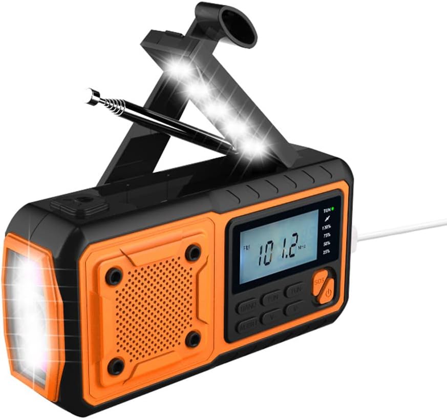 Przenośne radio solarne z korbką, radio AM/FM/WB z latarką i lampką do czytania, awaryjny akumulator 4000 mAh i alarm SOS - Radio meteo