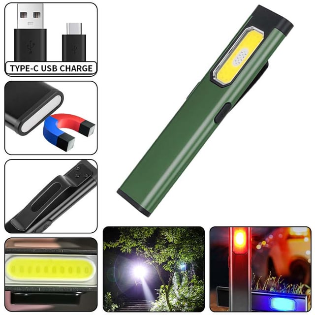 1pc Lampe de poche rechargeable puissante EDC haute luminosité, LED magnétique avec clip, étanche, pour maison et extérieur, Vert