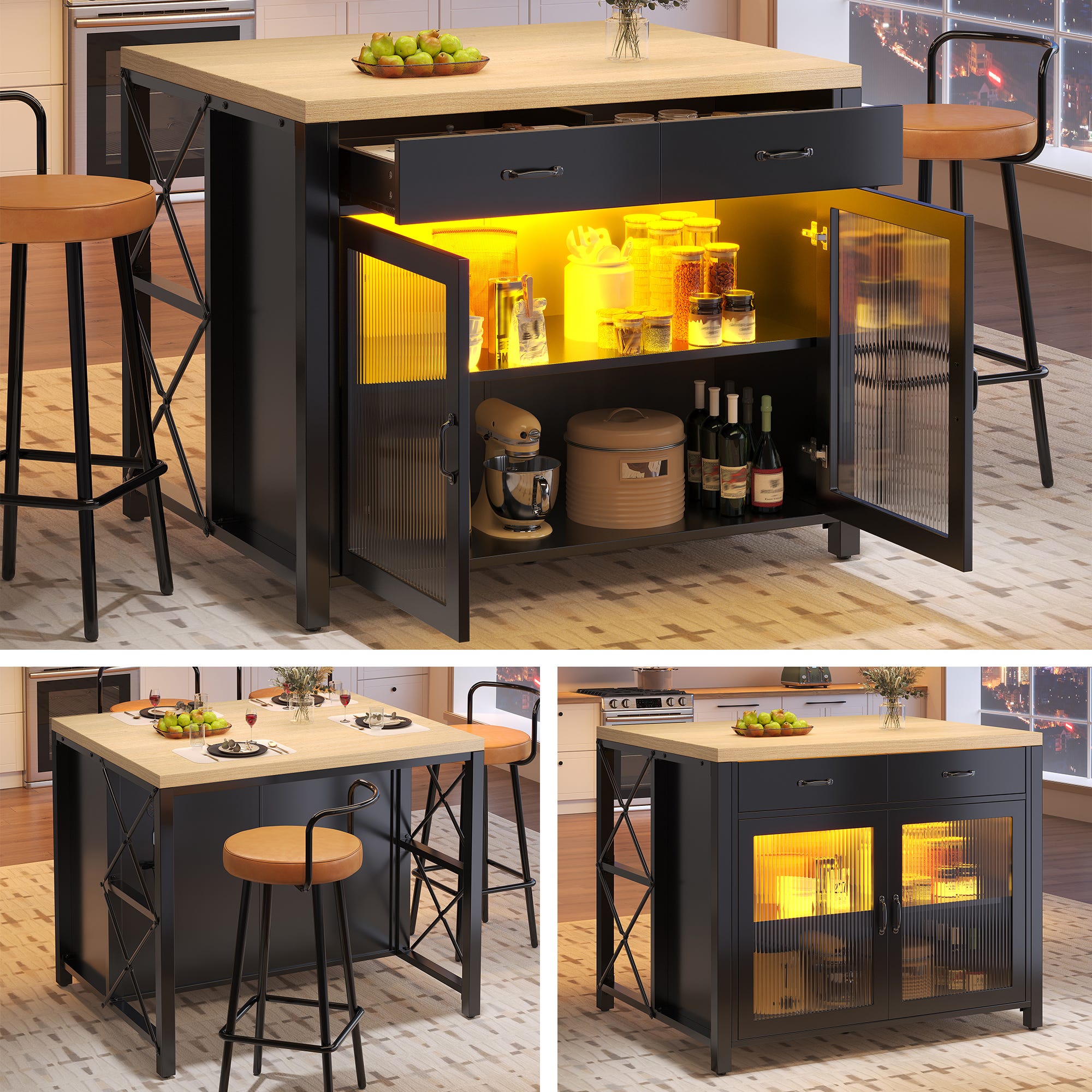 Isla de cocina con 2 puertas de cristal y 2 cajones - 100 x 80 x 90 cm ...