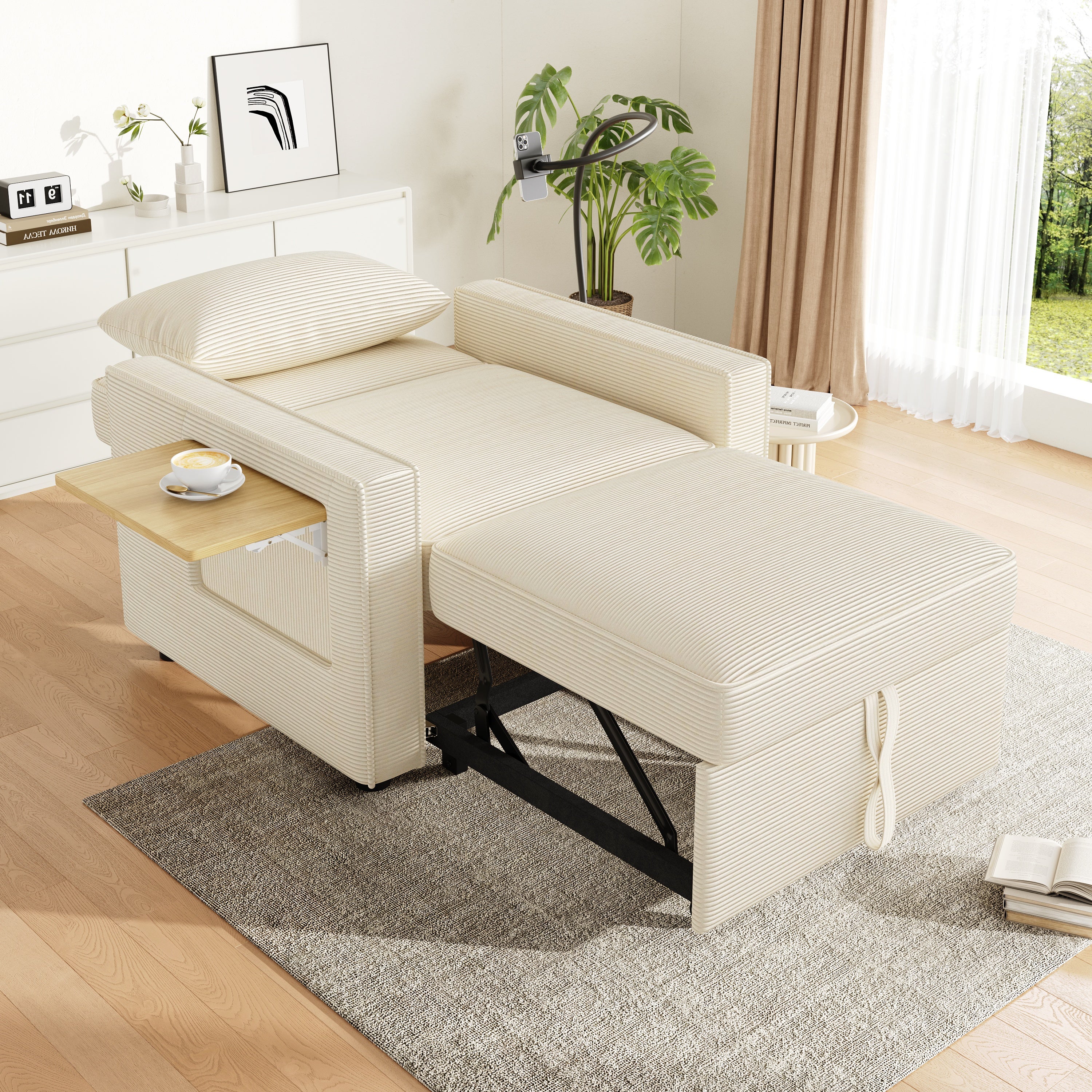 Wielofunkcyjna sofa rozkładana - z portami ładowania USB - z uchwytem na telefon - tkanina Corduroy - beżowa - 2