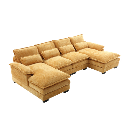 Sofá moderno en u, sofá modulable de 4 plazas, 4 cojines lombares ergonómicos, amarillo