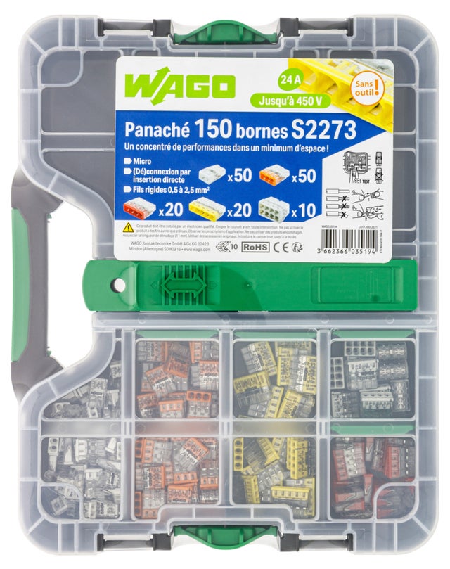 Mallette 150 bornes Wago S2273, connexion Push Wire®, fils rigides 0,5-2,5 mm², 450 V, 24 A, repérage couleur