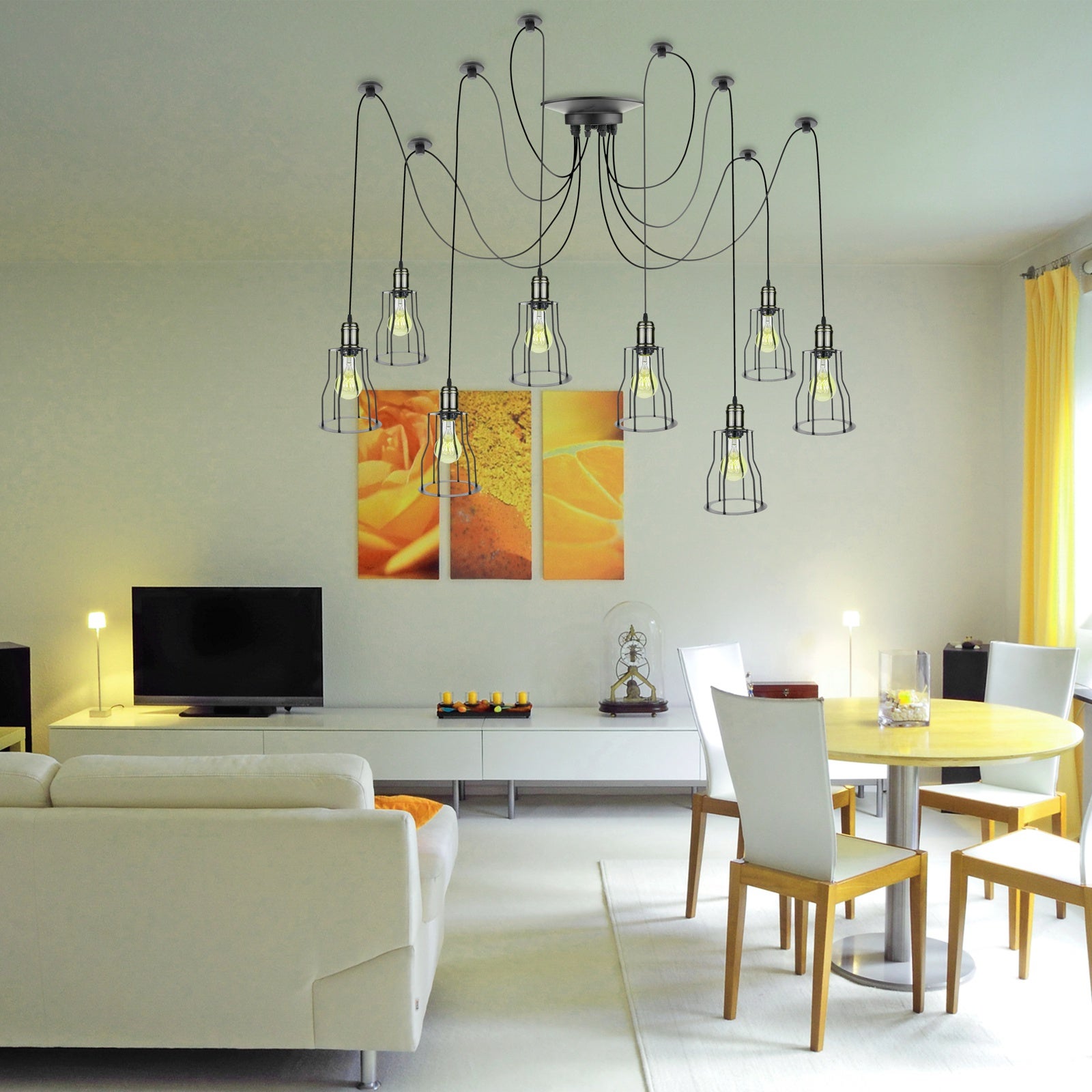 Lampadario a sospensione con gabbia lunga E27 8 lampadine 3m cavo nero - 2